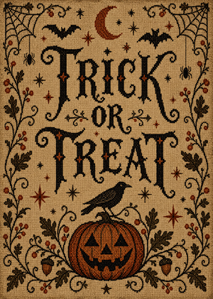 Texten Trick or Treat med en pumpa, en korp och fladdermöss