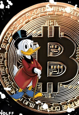 Joakim von Anka framför ett stort bitcoinmynt i koppar