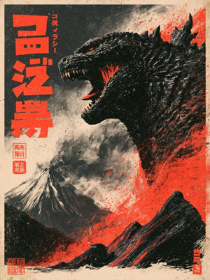 Godzilla som vrålar framför en vulkan med röd lava