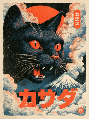 Fräsande svart katt med orange ögon framför berget Fuji