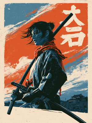 Illustration av en samuraj med katana över axeln mot orange och blå himmel med japanska tecken
