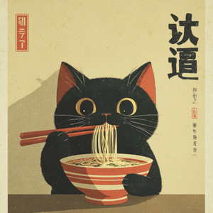 Svart katt med stora ögon som slurpar ramen ur en randig skål