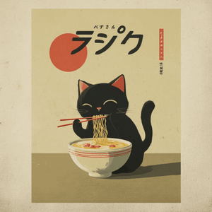 Nöjd svart katt som äter ramen bredvid en röd sol