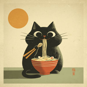 Rund svart katt som slurpar ramen framför en orange sol