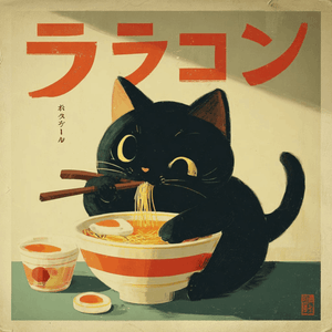 Nöjd svart katt som slurpar ramen med ägg ur en randig skål
