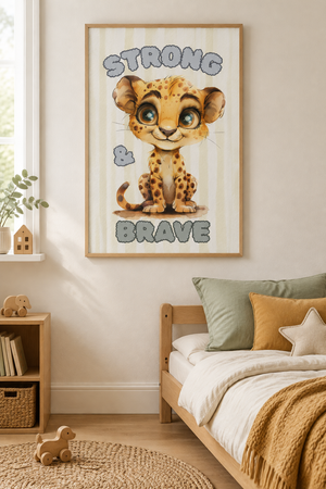 Akvarell av en leopardunge med texten Strong & Brave